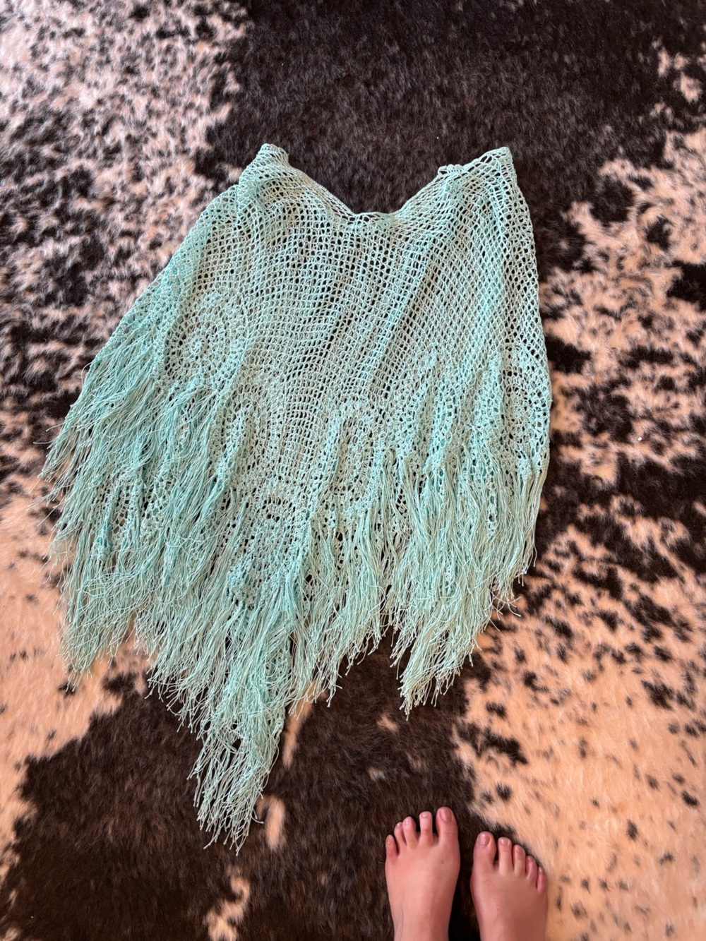 Light Teal Fringe Knit poncho swim cover dress cover flapper vibes?